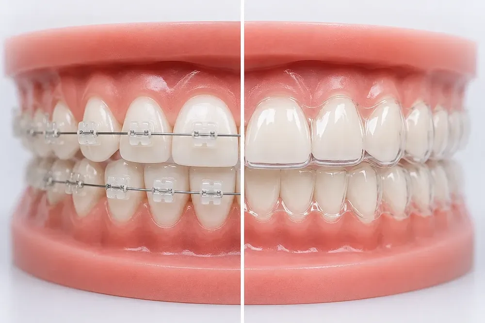 Keramikbrackets und Aligner im direkten Vergleich auf einem Gebissmodell