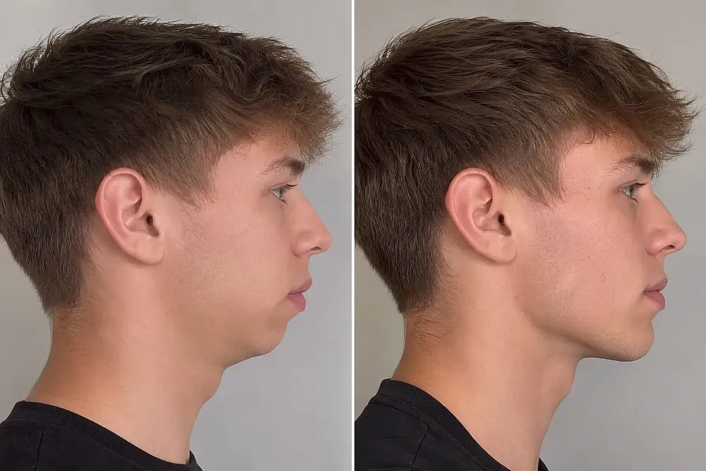 Vergleich zweier Seitenprofile eines jungen Mannes zur Veranschaulichung des Mewing-Trends und der Kieferlinie aus kieferorthopädischer Sicht.