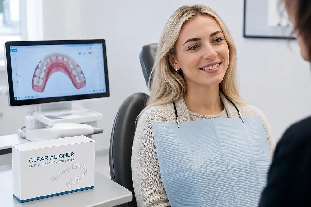 Patientin bei einer Aligner-Beratung in einer modernen kieferorthopädischen Praxis mit digitaler 3D-Behandlungsplanung