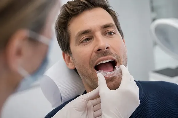 Eine Zahnärztin setzt einem erwachsenen Mann in einer modernen Zahnarztpraxis einen transparenten Invisalign Aligner ein.