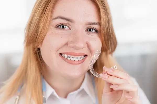 Frau mit fester Zahnspange hält eine Invisalign-Box mit transparenten Alignern in der Hand und veranschaulicht den Vergleich zwischen fester Zahnspange und Invisalign.