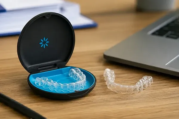 Invisalign-Zahnschiene liegt in einem Invisalign-Box 