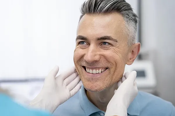 Mann sitzt entspannt und lächelt nach einer Oberkiefererweiterung.