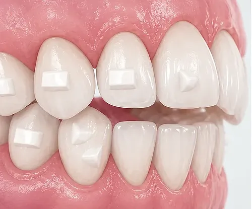3D-Darstellung von Invisalign-Alignern mit Attachments zur präzisen Zahnbewegung während einer transparenten Aligner-Behandlung.